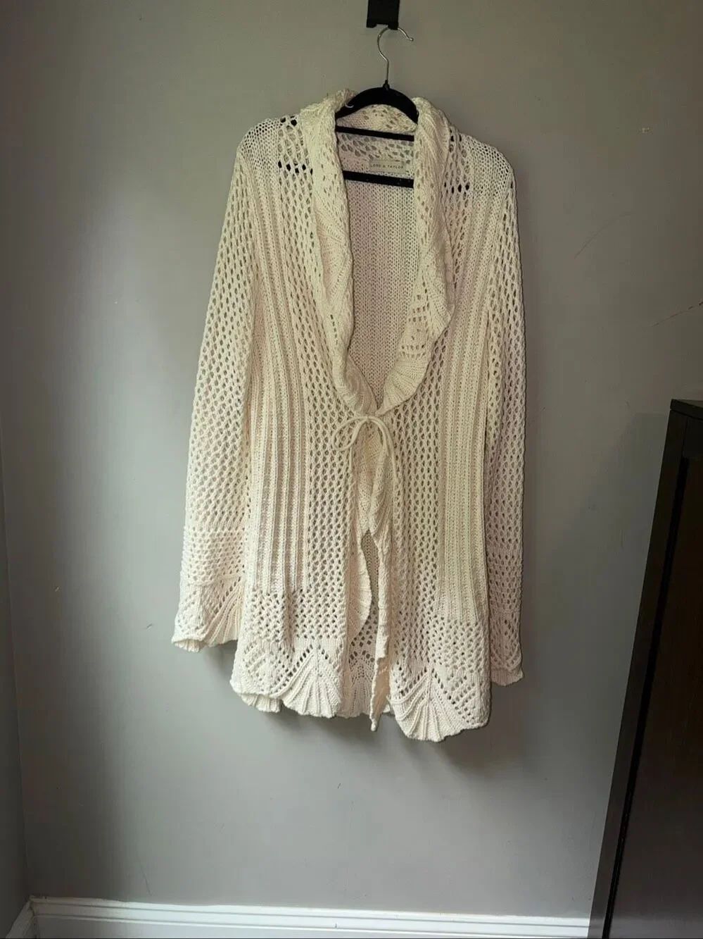 Lord & Taylor vintage off white open knit crochet fairy core coquette open front